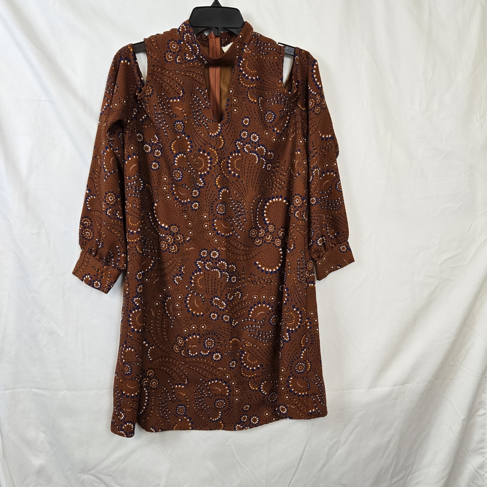 Everly Women's Brown Blue White Paisley High Neck Cold Shoulder Mod Mini Dress L